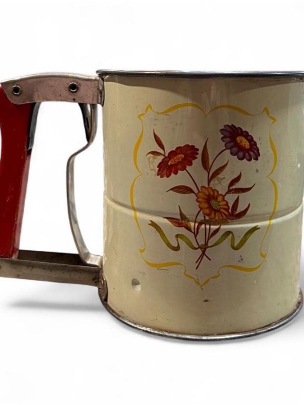 Vintage Floral Sifter with Cream Body and Red Handle